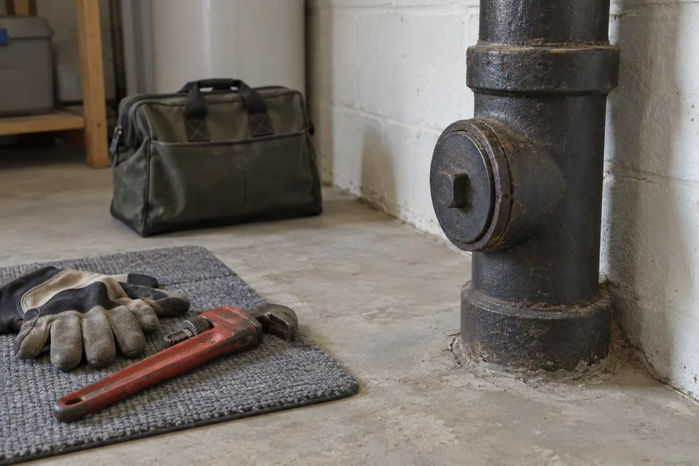 Capped sewer cleanout in a residential utility area